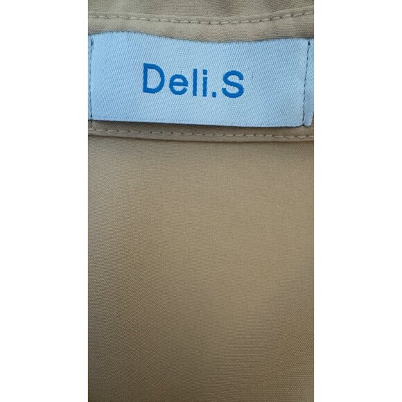 Deli.S Beige Size 8 Button-Down Midi Dress Drawstring Waist & Tie Sleeves - Picture 3 of 16